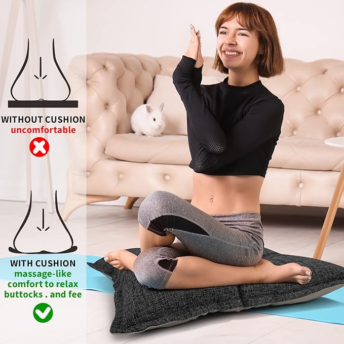 SINSOSSO Large Floor Pillows 22", Thickened Bite-Size Memory Foam Square Non-Slip Cushions for Office Back Support/Yoga/Chair Seat, Fashionable Color-Blocked Fabric & Washable, Black-Gray, 2 PCS