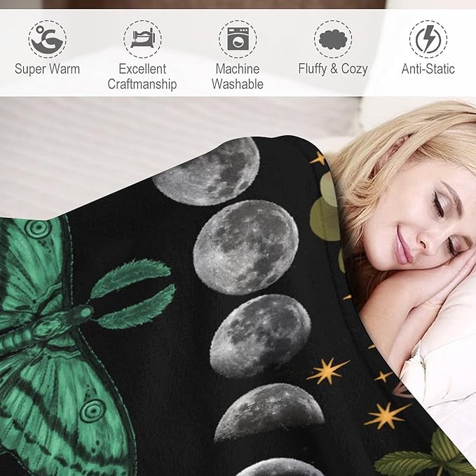 Moon Phase Moth Blanket, Vintage Botanical Mushroom Wildflower Gothic Night Moonlit Mysterious Witchy Throws Blanket for Sofa Bed Couch Chair, 40"x50"