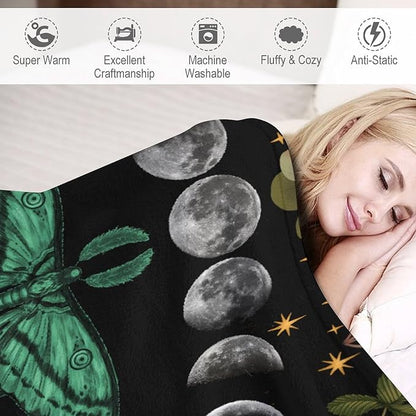 Moon Phase Moth Blanket, Vintage Botanical Mushroom Wildflower Gothic Night Moonlit Mysterious Witchy Throws Blanket for Sofa Bed Couch Chair, 40"x50"