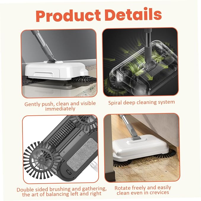 Floor Sweeper, 2-in-1 360° Rotating Hand Push Sweeper - Image 5