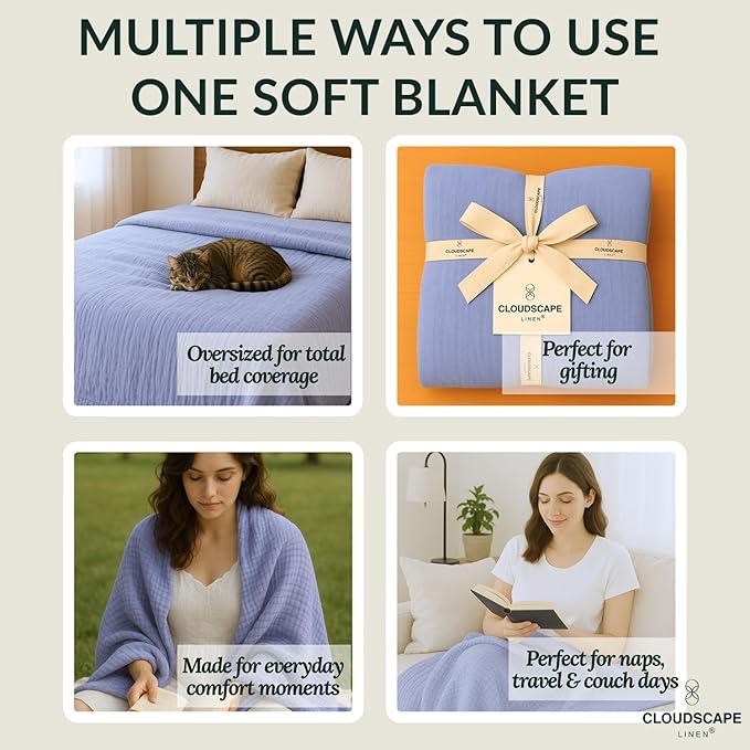 Cloud Scape Linen Oversized 4 Layer Muslin Blanket Twin Size - 100% Cotton, Lightweight & Breathable All Season Gauze, Pre-Washed, for Bed, Couch, fits Twin XL Bed,68x92, Lavender Blue