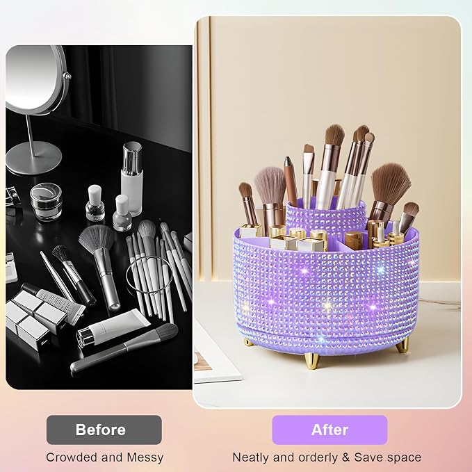 Diesisa Bling Diamond 360° Makeup Brush Holder Organizer, Rotating Makeup Brush - Image 2