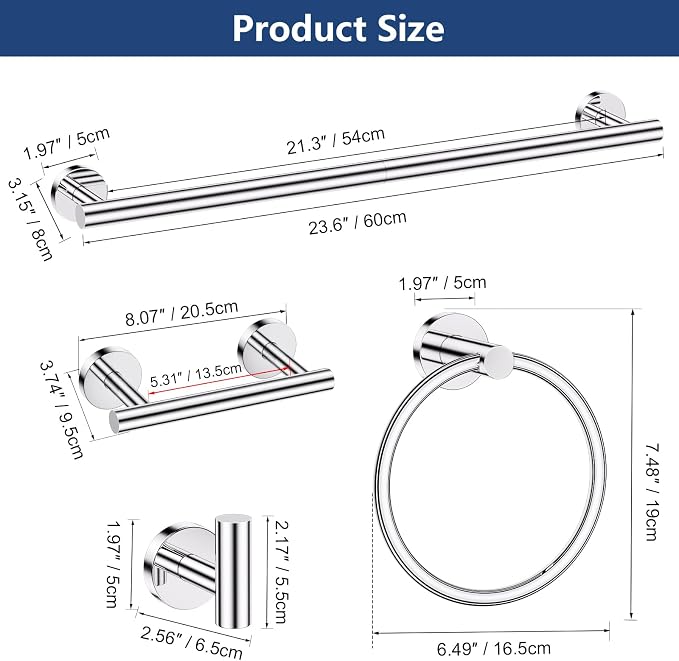 TQKAG Polished Chrome 5 Piece Bathroom Hardware Accessories Set 23.6" SUS304 - Image 6