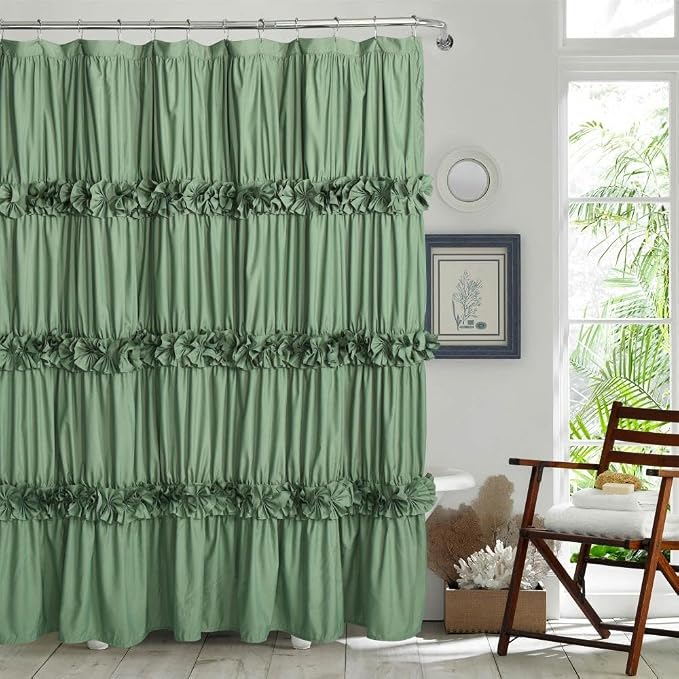 Light Green Ruffle Shower Curtain, Vintage Handcrafted Bow Tie Bath Curtain by Homechoice+Decor