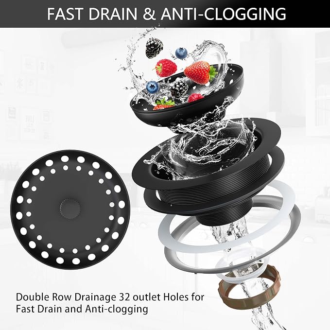 Black Sink Drain 3-1/2 Inch Matte Black Kitchen Sink Drain Strainer Assembly Kit - Image 6