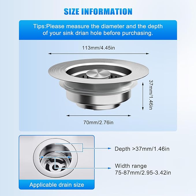 3 in 1 Kitchen Sink Drain Strainer, Universal Pop Up Stopper - Image 4