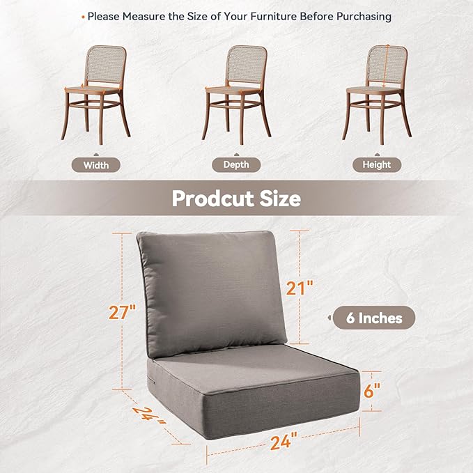 Luxury 6" Outdoor Cushions for Patio Furniture, 24x24x6" Thick Seat Cushion Set of 6, Fade Resistant Couch Chair Replacement Cushions High Density Deep Wicker Chair Cushion w/ Removable Cover Gray