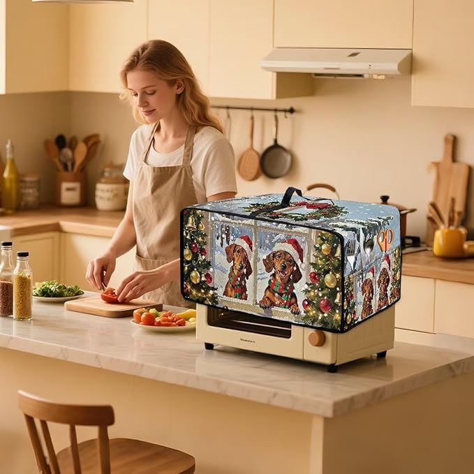 Convection Oven Dust Cover with Storage Pockets, Protective Smart Oven Cover for Kitchen Countertop for Christmas Holiday Party, L, 18.5 x 22.5 x 13 Inches, Dachshund Dog Christmas Tree