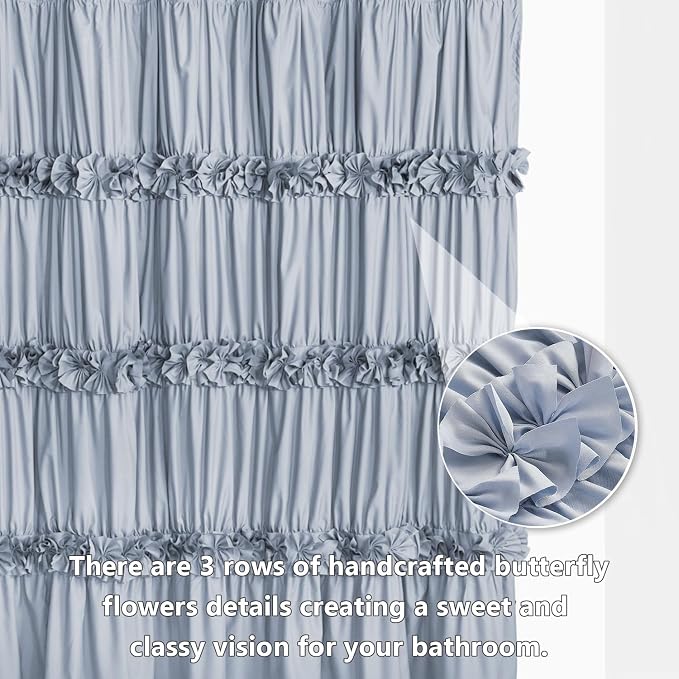 Fog Blue Ruffle Shower Curtain, Vintage Handcrafted Bow Tie Bath Curtain - Image 2