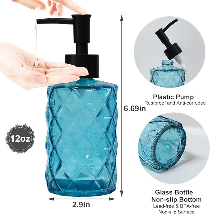Blue Glass Soap Dispenser with Black Plastic Pump, 12oz Refillable Liquid Hand - Image 2