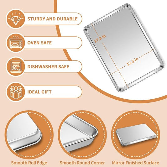Stainless Steel Baking Sheet Set of 2, Deedro Cookie Sheet Metal Baking Pan - Image 2