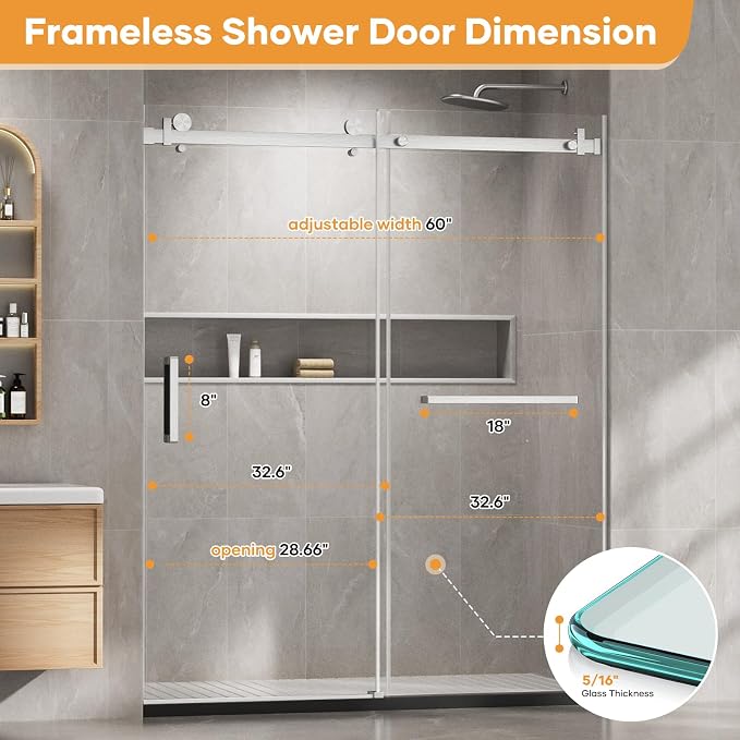 Venice Frameless Shower Door 60 in W x 74 in H, 5/16" Clear Tempered Glass Door - Image 2