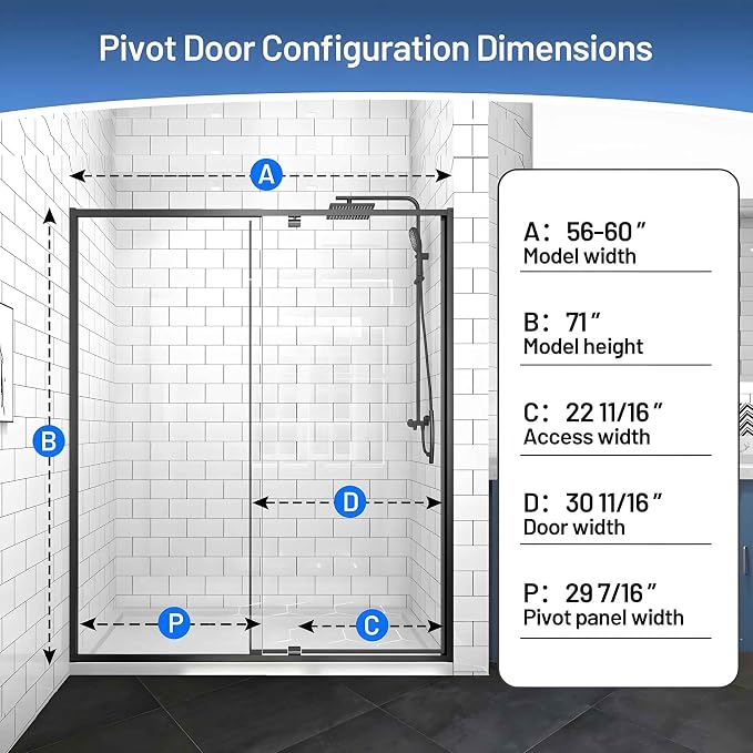 56-60" W x 71" H Pivot Glass Shower Door, 1/4" Thick Clear SGCC Tempered Shower - Image 2