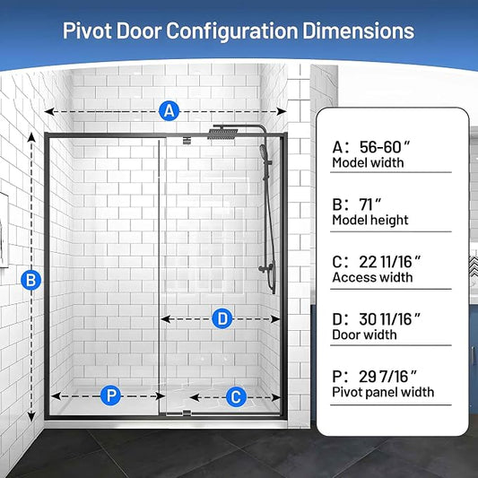 56-60" W x 71" H Pivot Glass Shower Door, 1/4" Thick Clear SGCC Tempered Shower - Image 2