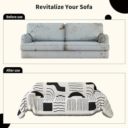 Boho Chenille Couch Cover with Tassels, Bohemian Sofa Cover for 3 Cushion Couch, L-Shaped Sectional, Loveseat, 2/3/4 Seater (71" x 118", Black)