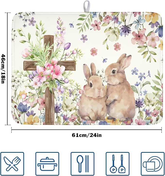 Easter Bunny Dish Drying Mat 18 x 24 Inch Rabbit Dish Drainer Rack Mat Colorful - Image 2
