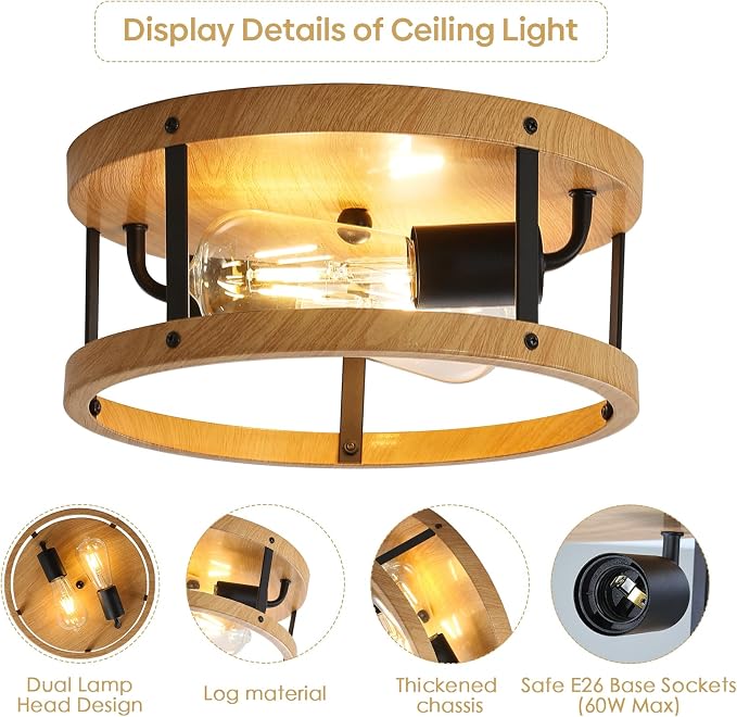 2-Light Industrial Flush Mount Ceiling Light Fixture, Wood Finish Farmhouse - Image 4