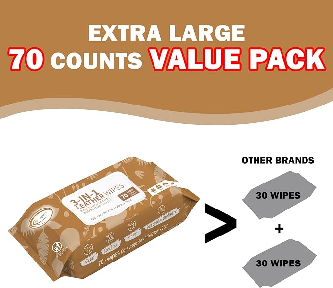 Air Jungles 3in1 Leather Cleaner Wipes 70 Count, Extra Large 8" x 10" Size - Image 6