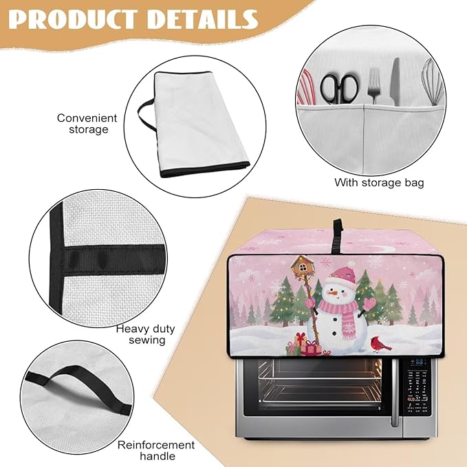 Convection Oven Dustproof Cover with Pockets Washable Toaster Oven Cover Winter Small Appliance Accessories for Kitchen Countertop Christmas Decor, Snowman Cardinal Snowflake Tree Print, L