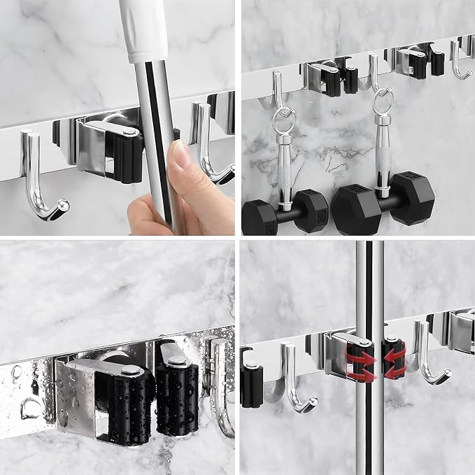 2 Packs 5 Racks and 4 Hooks Mop and Broom Holder Wall Mount, SUS304 Heavy Duty - Image 2