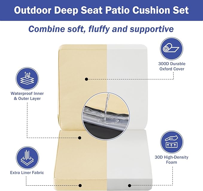 Outdoor Chair Cushions, Waterproof Patio Chair Cushions 24x24x4 Inch, Outdoor Cushions with Removable Cover for Sofa, Fade Resistant Patio Cushions for Outdoor Furniture, Beige