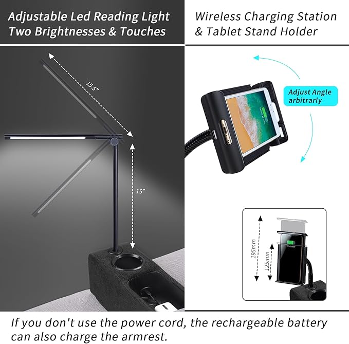 Removable Sofa Armrest with Cup Holder, PU Leather Multifunctional Couch Caddy Storage Arm Rest with Power Wireless Charging Stand & LED Reading Light for Sofa Middle Seat Adjustable