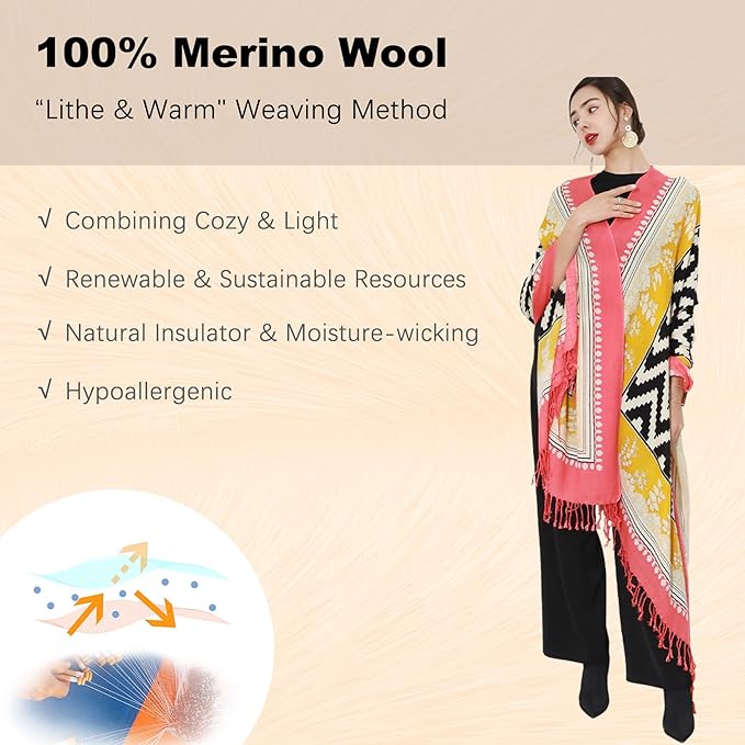 DANA XU 100% Merino Wool Extra Large Pashmina Blanket Travel Scarf Cashmere Wrap for Women Fall Winter Oversize Shawl Floral