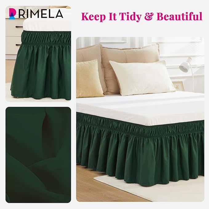 RIMELA Dark Green Bed Skirt Queen Size 15 Inch Drop, Elastic Bed Skirting for Bed Base and Frame, Bedding Dust Ruffle Easy to Install,Wrap Around Adjustable Bedskirt,Christmas Bedroom Decor