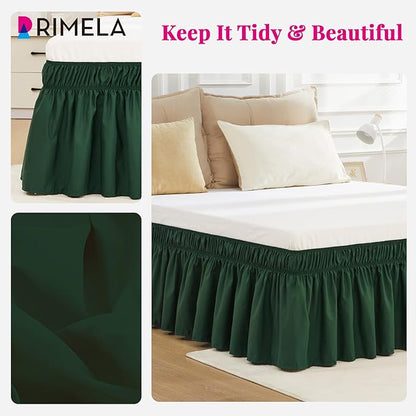RIMELA Dark Green Bed Skirt Queen Size 15 Inch Drop, Elastic Bed Skirting for Bed Base and Frame, Bedding Dust Ruffle Easy to Install,Wrap Around Adjustable Bedskirt,Christmas Bedroom Decor