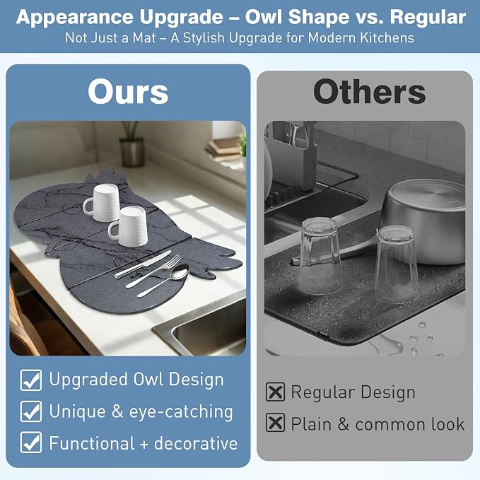 Large Stone Dish Drying Mat for Kitchen Counter, Owl Shape Design Drying Pads - Image 3