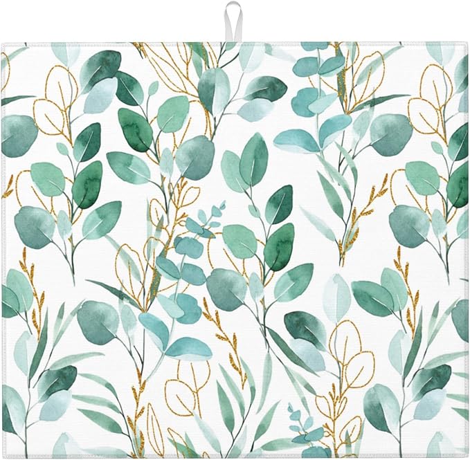Sage Green Leaves Dish Drying Mat by Unknown