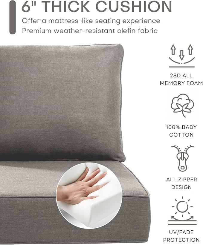 Luxury 22x24/22x25 6-Inch Outdoor Cushions for 5 Peice Patio Furniture Set - Set of 5 Water-Resistant Pillow for Dining Rocking Swivel Chairs Loveseat Couch Sectional Sofa - Grey