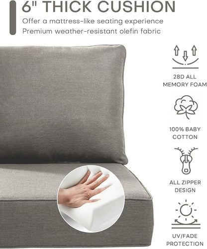 Luxury 22x24/22x25 6-Inch Outdoor Cushions for 5 Peice Patio Furniture Set - Set of 5 Water-Resistant Pillow for Dining Rocking Swivel Chairs Loveseat Couch Sectional Sofa - Grey