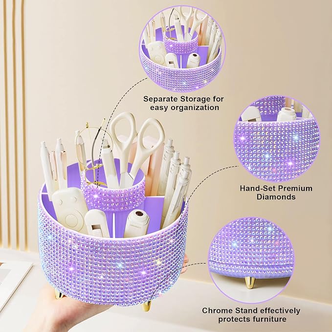Diesisa Bling Diamond 360° Makeup Brush Holder Organizer, Rotating Makeup Brush - Image 4