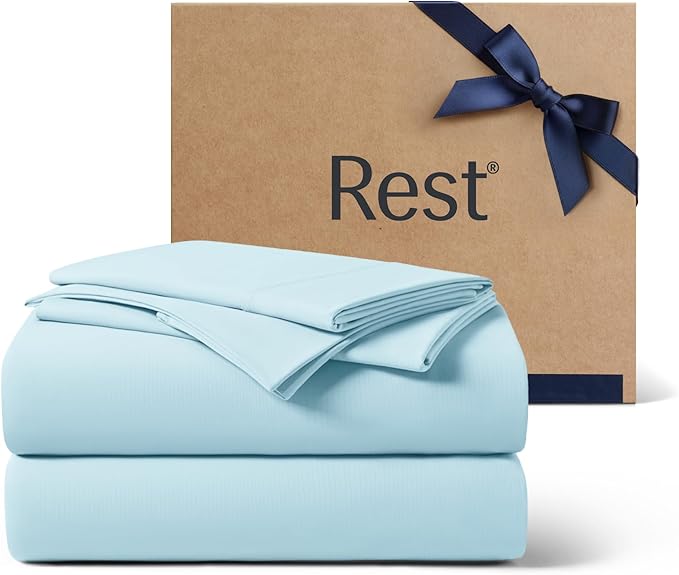 REST® Evercool®+ Cooling Sheet Set, Full Size, Light Blue, Breathable Bed Sheets for Hot Sleeper and Night Sweats, with Pillowcases, with Ionic+ Self-Cleaning Silver Yarn for Sensitive Skin, 4PCS