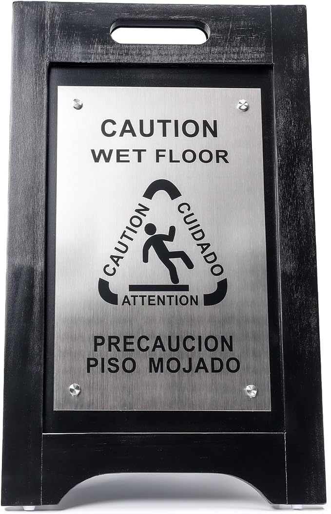 Premium Wooden Caution Wet Floor Sign – Bilingual w/ Non-Skid Plastic Feet – - Image 8