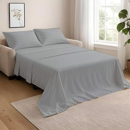 NON Sticky cotton Queen Size Sleeper Sofa Sheets, 4 Piece Egyptian Cotton Bed Sheet Set for Sofa Bed, 7" Deep Pocket for Pull Out Couch Mattress, 60" x 75", Light Grey Stripe, Soft & Breathable