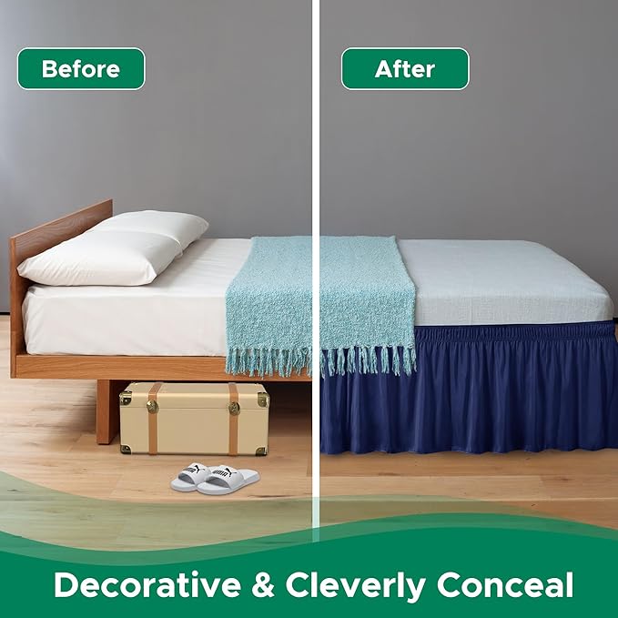 Biscaynebay Wrap Around Bed Skirts for King & Cal King Beds 15" Drop, Navy Adjustable Elastic Dust Ruffles Easy Fit Wrinkle & Fade Resistant Silky Luxurious Fabric Machine Washable