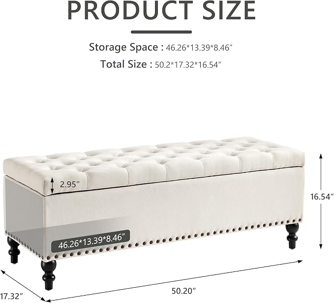 Storage Ottoman 50.2 Inches Upholstered Fabric Storage Ottoman Bench，Button - Image 2