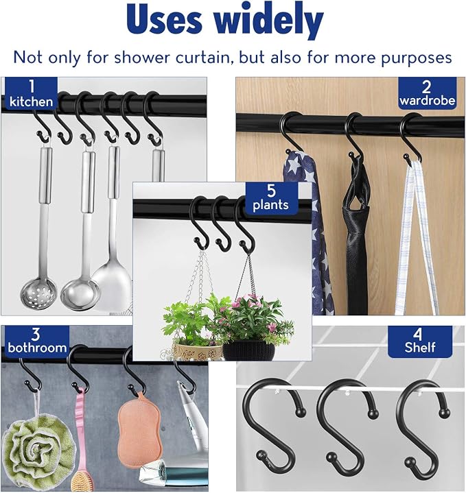 Metal Shower Curtain Hooks，Set of 12 Rings，Rust Resistant S Shaped Hooks Hangers - Image 6