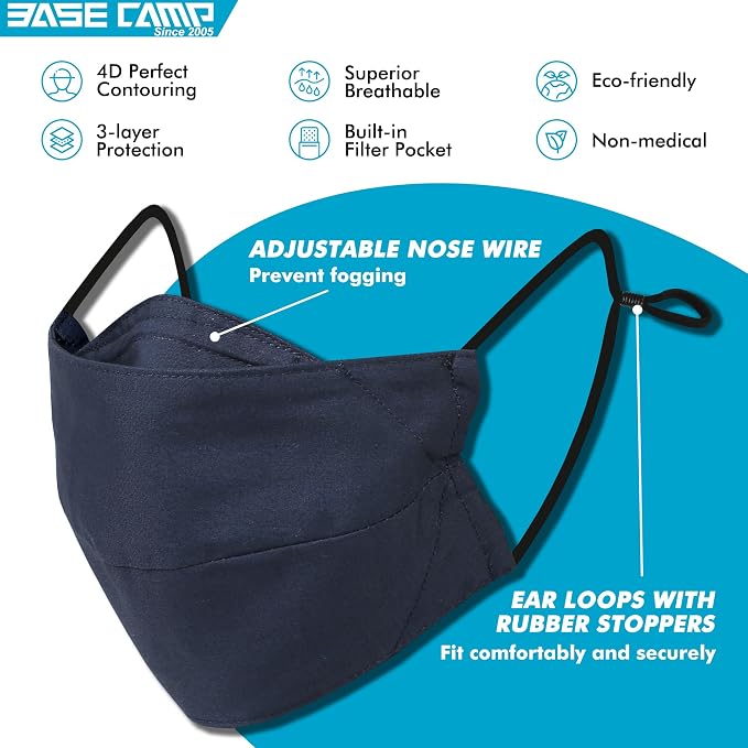 BASE CAMP Reusable Cloth Dust Face Masks 100% Cotton Washable Adjustable - Image 2
