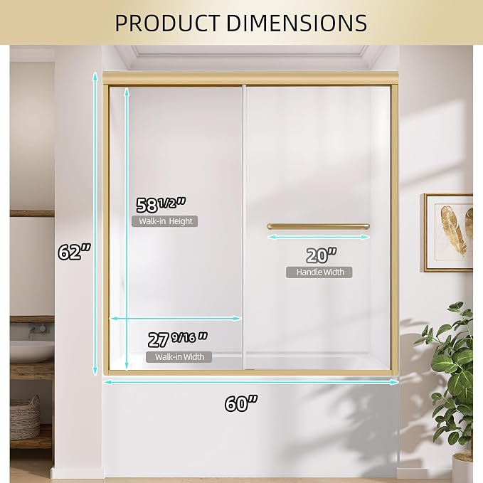 GETPRO Tub Shower Door 56-60 in. W x 62 in. H Semi-Frameless Bathtub Shower Door - Image 9