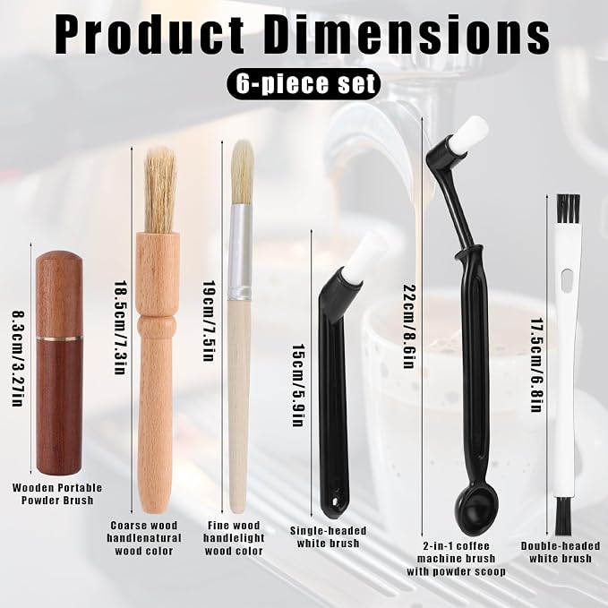 6pcs Coffee Cleaning Brush Set, Natural Bristle Coffee Grinder Brush Long - Image 2