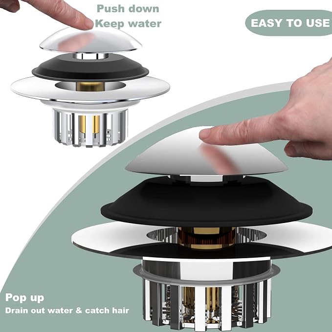 Kitchen Sink Drain Strainer 3 in 1, 304 Stainless Steel Pop Up Sink Stopper - Image 3