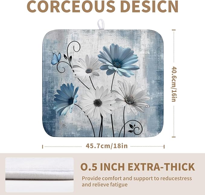 Dish Drying Mat for Kitchen Counter 16x18 Inch Blue Grey Daisy Drying Pads - Image 2