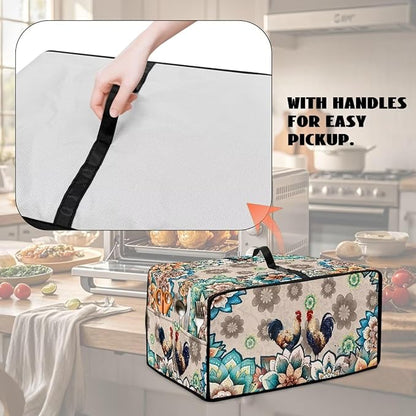 Rooster Boho Mandala Floral Print Microwave Oven Dust Cover Polyester-Linen Fabric Microwave Oven Cloth Cover Universal Case Protections Protector with Storage Bags, M