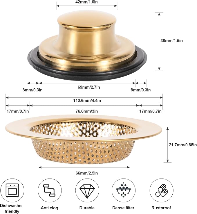 RQYEKDO Kitchen Sink Strainers Sink Stopper Kits, Stainless Steel Sink Drain - Image 6