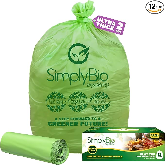Simply Bio 50-55 Gallon Compostable Trash Bags Liners Flat-Top, Heavy Duty by SimplyBio