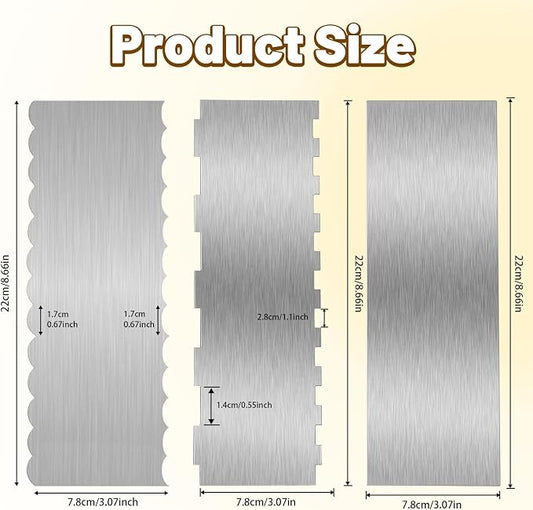 3 Pieces 8.7 Inche Stainless Steel Cake Scraper，Double Sided Patterned Edge - Image 2