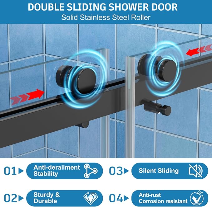 Frameless Shower Door, 56-60" W x 72" H Double Sliding Shower Doors, 1/4" Thick - Image 6